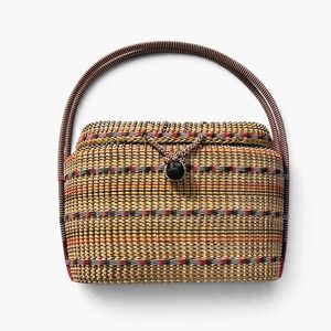 Vintage Woven Basket Bag Picnic Boho Top Handle Rattan Plastic Red Black